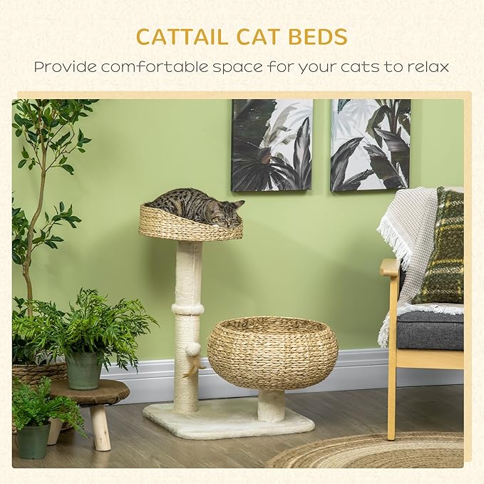 Modern 28” Cat Tree with Elevated Basket Bed & Sisal Scratching Post – Small Cat Condo for Indoor Cats Under 10 lbs, Plush Multi-Level Cat Tower, Beige