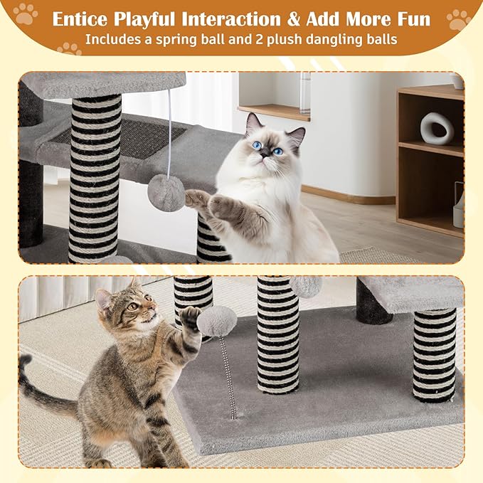 PETSITE 37-inch Small Cat Tree for Elder Cats, Modern Cat Tree Tower with Sisal Scratching Posts, Interactive Hanging Balls, Spring Ball, and Multiple Jumping Platforms with Sisal Scratching Boards