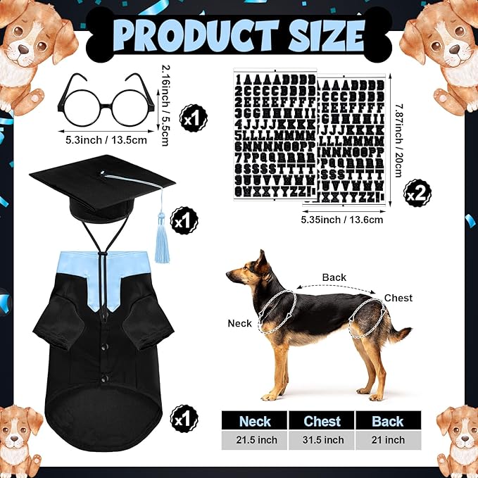 5 Pcs Dog Graduation Costume Set Include 2026 Pet Graduation Gown with Stole Puppy Grad Cap Lensless Glasses DIY Letter Stickers for Dogs Cats Holiday Costume Accessory(Black Light Blue,XL)