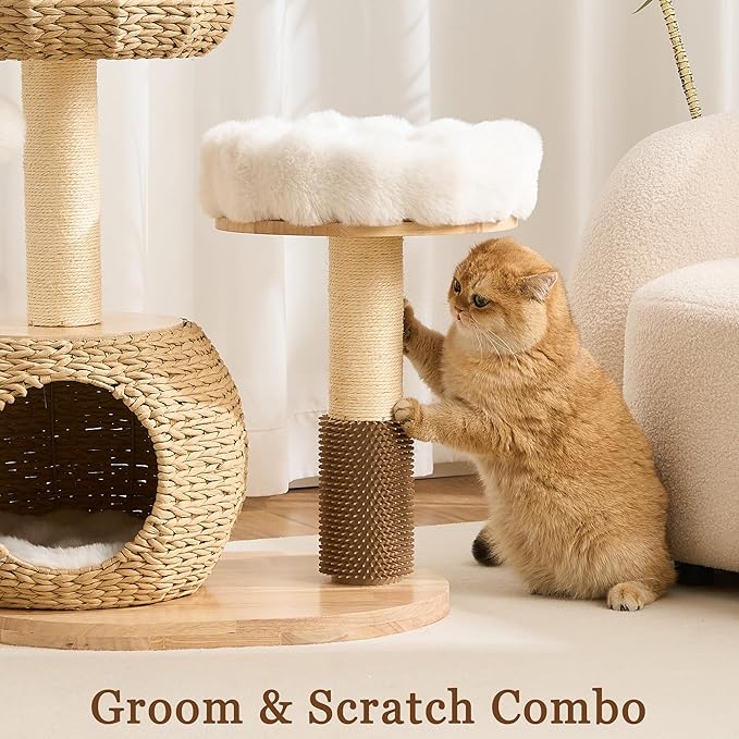 Modern Solid Wood Cat Tree Tower for Indoor Cats Large Adult, 30 inch Corner Cat Tree with Handmade Rattan Cat Bed, Luxury Aesthetic Cat Tree with Rattan Cave, Soft Plush Bed, Groomer, Scratching Post
