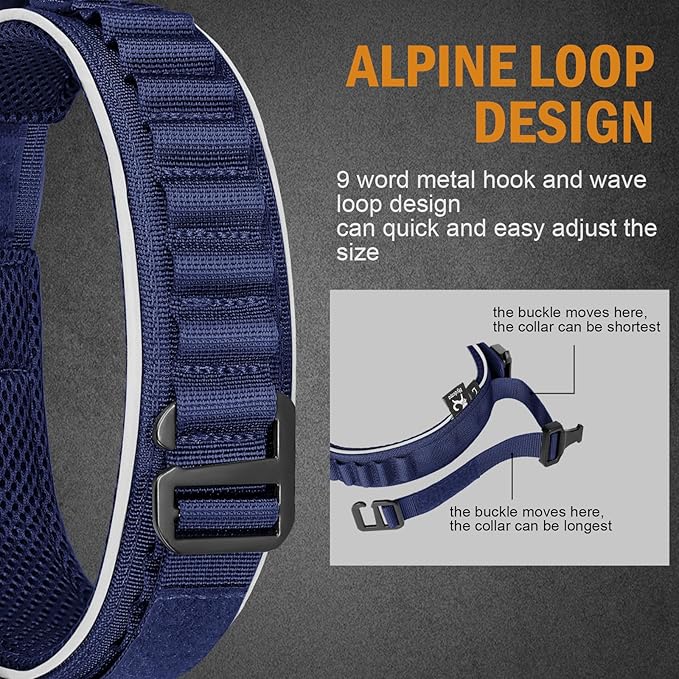 HYDEME Tactical Dog Collar, Alpine Loop Adjustable Military Training Nylon Dog Collars with Handle and Reflective for Small Medium Large Dogs, with Airtags Protective Case & Patches.(M,Deepblue)