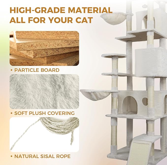 84.6 Inch Tall Cat Tree Tower with Large Base - 3 Condos, 11 Sisal Posts, 2 Hammocks & Interactive Toys, Multi-Level Cat Furniture for Multiple Cats, Durable Cat Climber (Beige, 84.6in)