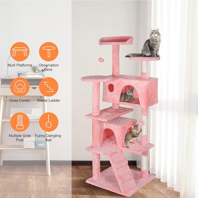 Multi-Level Cat Tree Tower with Condos, 54" Tall Cat Activity Center with Plush Perches and Toys, Space Saving Pet Playhouse for Kittens and Cats (Pink)