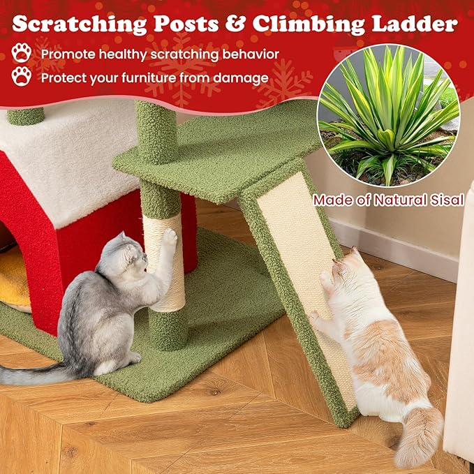 Tangkula Christmas Cat Tree, 61” Tall Cat Tower with Sisal Scratching Posts & Climbing Ladder, Plush Perch, Gift Box Shaped Condo, Hanging Toys, Basket Bed, Cute Cat Tree Tower Holiday Decoration