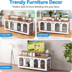 Petrova 63" Dog Crate Furniture for 2 Dogs, Heavy Duty Indoor Dog Kennel for Medium/Large Dogs, Wooden Dog Cage with Removable Divider, 6 Lockable Wheels, Storage Compartment, White