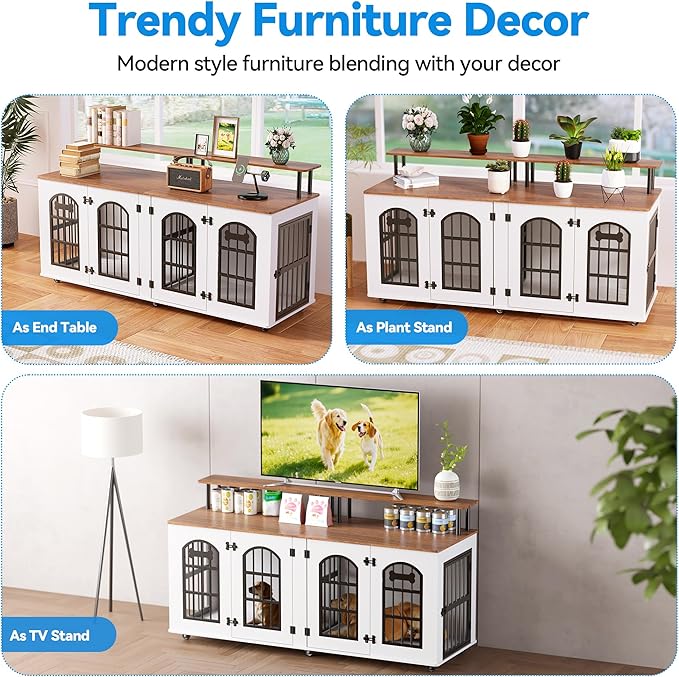 Petrova 63" Dog Crate Furniture for 2 Dogs, Heavy Duty Indoor Dog Kennel for Medium/Large Dogs, Wooden Dog Cage with Removable Divider, 6 Lockable Wheels, Storage Compartment, Beige