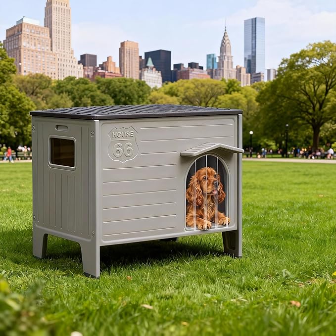 Large Outdoor Dog House Insulated Weatherproof Double HDPE Dog Shelter, Elevated Design, Easy Assemble, Expansive Interior‌ Grey 38.3" D * 26.5" W * 32.4" H