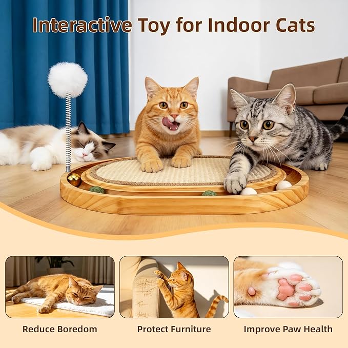 Cat Scratcher, Cat Scratch Sisal Pad with Ball Track Spring Ball, Kitten Interactive Toy for Indoor Cats, Satisfies Kitten’s Scratching, Chasing and Hunting