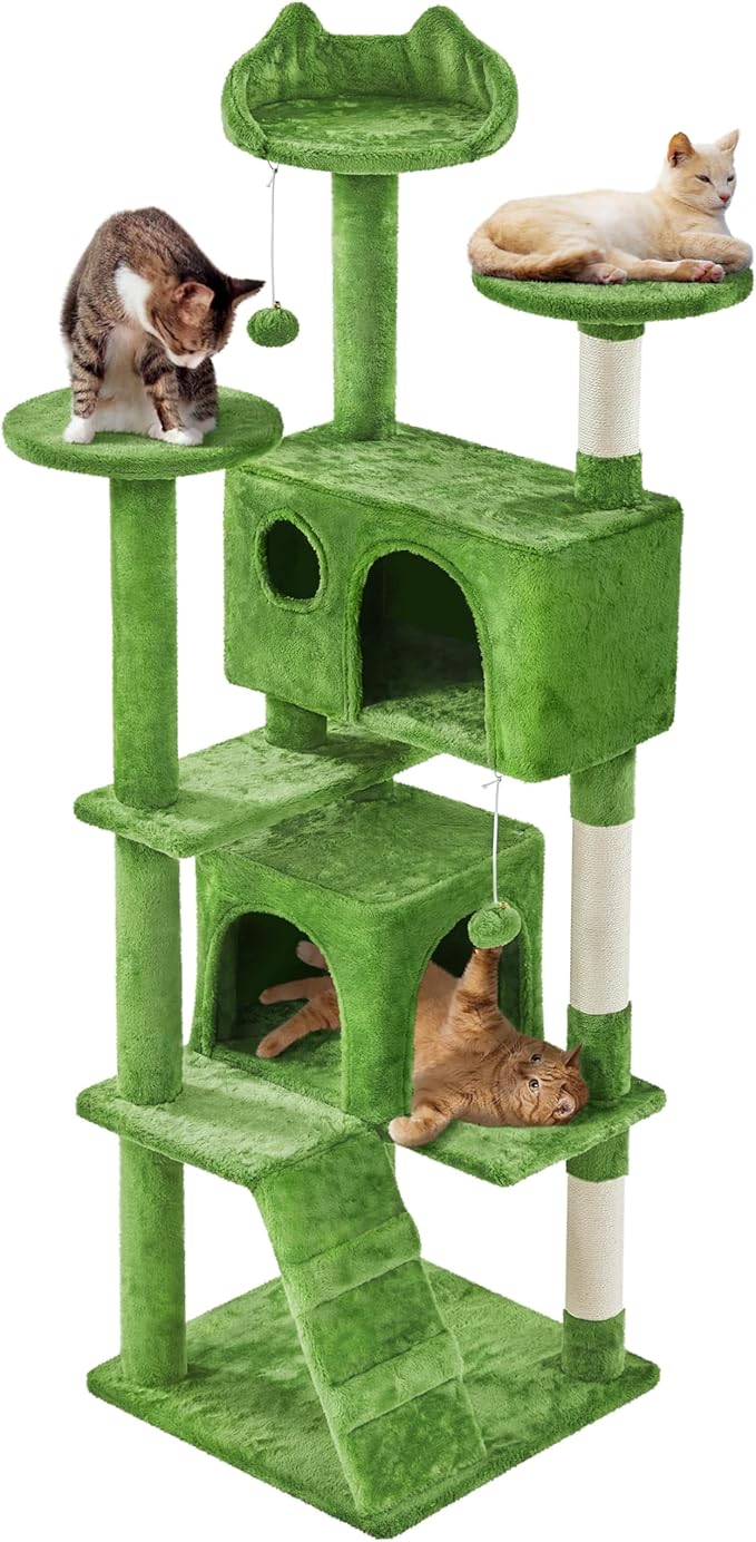 Topeakmart 61in Cat Tree Tower Condo with 2 Cozy Cat Condos Ladder and 3 Platforms for Indoor Cats Kittens