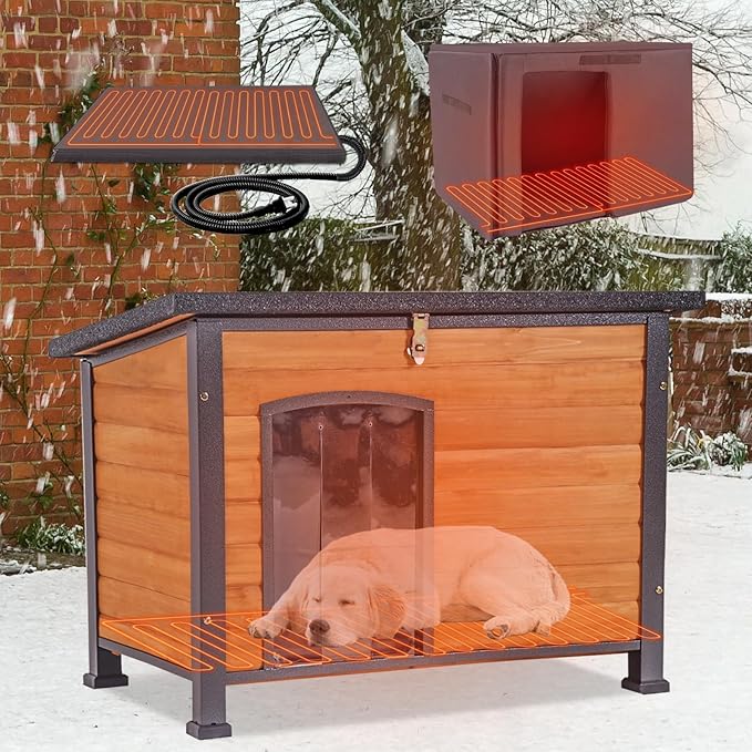 43.3‘’ Heated Dog House Outdoor with Heater and Insulated Liner for Winter, Large Insulated Dog Kennel for Small to Large Breed, Dog Shelter with Anti-Chew Metal Frame