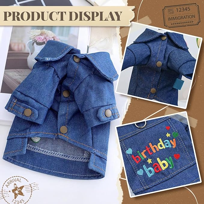 Dog Jean Jacket with D-Ring Blue Denim Coat Dogs Outfits for Small Dogs Cats Boy Male Girl Birthday Clothes Costume Letter Embroidery Dogggie Puppy Winter Warm Clothes(Birthday Baby,XS)