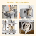 PawHut Floor to Ceiling Cat Tree, 94.5-102.5 inch Adjustable Height Cat Climbing Tower with Scratching Posts, Condos, Hammocks, Tubes, Ladders, Platforms, Dangling Balls for Indoor Kittens, Light Gray