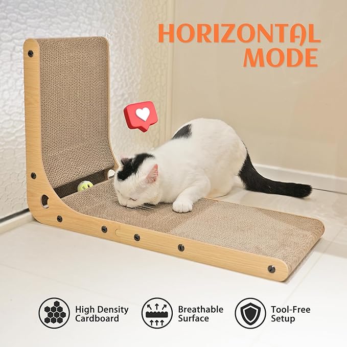 PETKARAY Cat Scratcher, Cat Scratching Board, L Shape Cat Scratch Pad for Indoor Cats, Floor Mounted Scratching Cardboard with Ball Toy