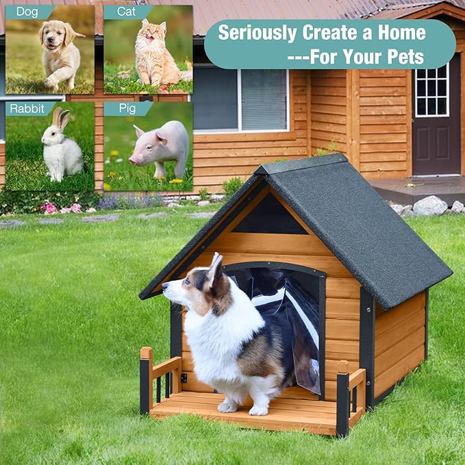 Large Dog House with Proch, Weatherproof Outdoor Kennel for Large Dogs, Chew-Resistant Iron Frame & Asphalt Roof for Outdoor (Wood, L)