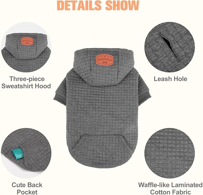 BEAUTYZOO Dog Hoodie with Leash Hole and Pocket,Dog Sweaters for Small Medium Large Dogs Boys Girls,Waffle-Like Laminated Cotton Warm Outfits for French Bulldogs, Pitbull, Winter Puppy Clothes Jacket