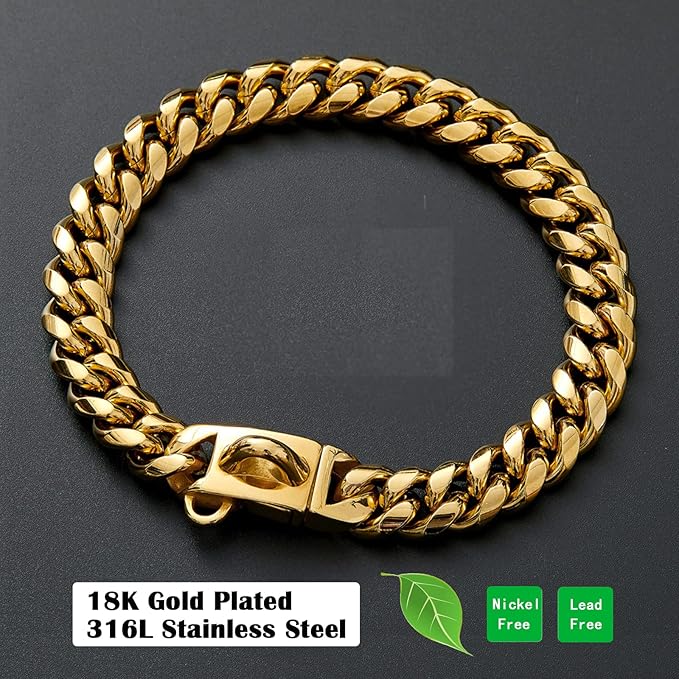Strong Stainless Steel Gold Dog Collars with Safety Buckle Lock,14MM Cuban Link Chain Training Collar,Dog Necklace Walking Collar for Small Dogs - 10''