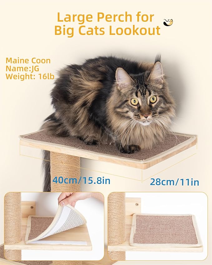 80inch Wall Mounted Cat Tree, 15.8in Top Perch Bed for Large Adult Cats, Adjustable Cat Shelves Floor to Ceiling for Scratch, Climb, and Lookout