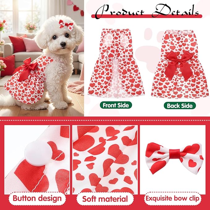 Abbylike 3 Set Easter Dog Dress Small Dog St. Patrick Valentines Day Cute Bunny Shamrock Heart Poodle Skirt with Bow Clip for Pet Holiday Party Outfits(M)
