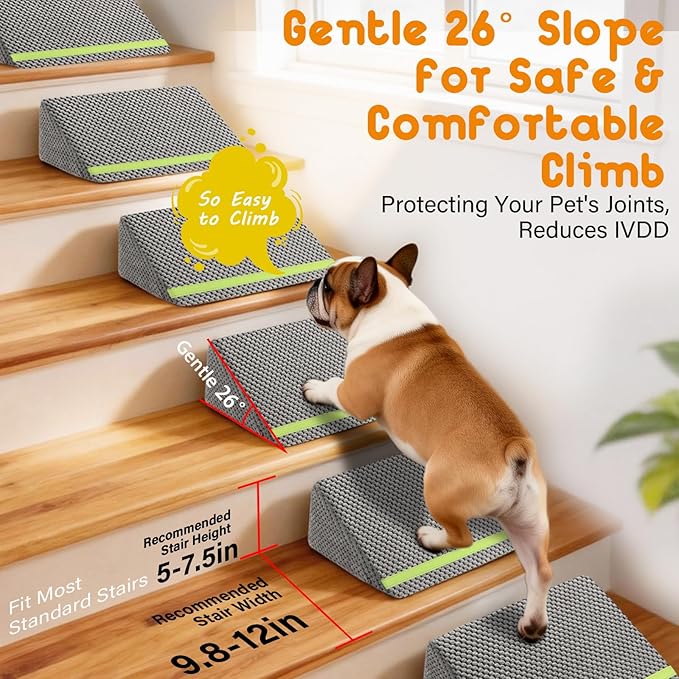 JoyBlooms Dog Ramp for Stairs for Small & Senior Dogs Cats, 40D Density Foam Gentle Slope Non-Slip Dog Stair Ramp with Glow Strip, Pet Ramp with Removable Washable Cover Gray-2pcs