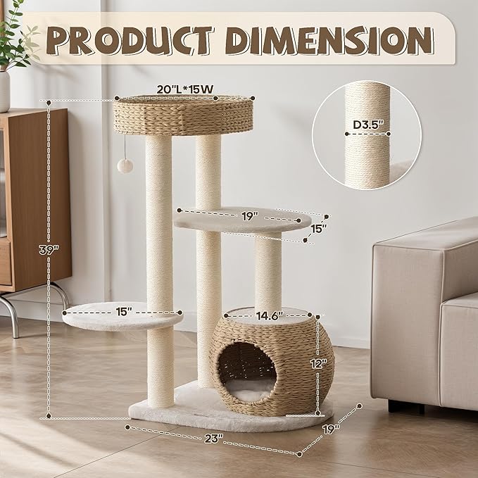 Modern Cat Tree, 39" Tall Cat Tree Tower for Cats, Cat Condo with Scratching Posts, Multi-Level Solid Wood Tower & Top Perch, Cat Furniture for Big Cats
