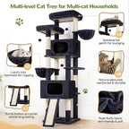 Globlazer 77" Cat Tree for 4+ Large Cats, Multi-Level Cat Tower with 2 Condos, Hammocks & Scratching Board, Stable Reinforced Base, Skin-Friendly Plush, S77E, Dark Grey