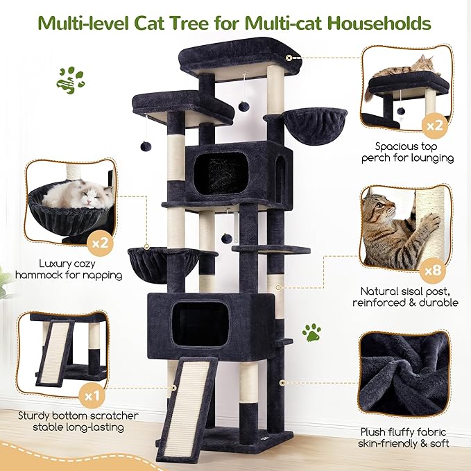 Globlazer 77" Cat Tree for 4+ Large Cats, Multi-Level Cat Tower with 2 Condos, Hammocks & Scratching Board, Stable Reinforced Base, Skin-Friendly Plush, S77E, Dark Grey