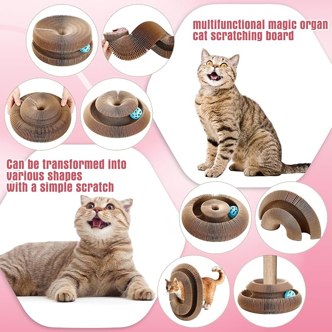 Soulchen 4 Pcs Magic Organ Cat Scratching Board, Combinable Cats Toy for Adult Pets, Interactive Cardboard Kitten Scratcher with Bell Ball, Durable Foldable Accordion Scratch Pad(Heart)