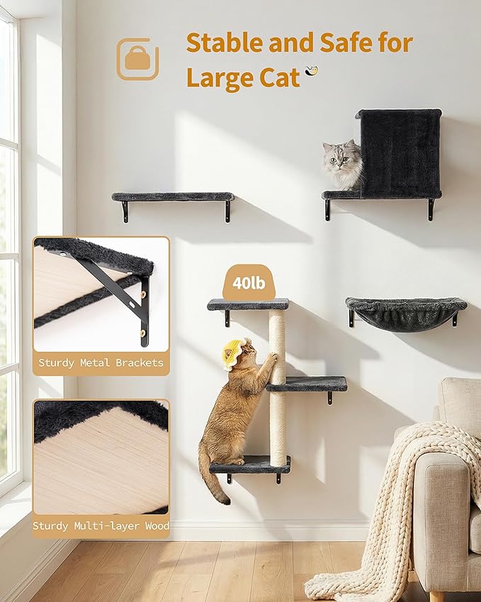 Heavy Duty Cat Wall Shelves for Large Cats, 6-in-1 Cat Furniture Set with 17" × 11.9" Large Perch Bed and Hammock, Cat Climbing Wall Systems with Vertical Cat Scratcher