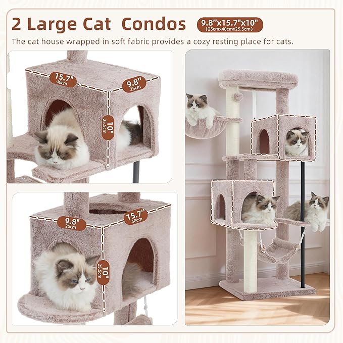 51.2'' Cat Tree Tower, Cat Tower with Scratching Post, Sturdy Steel Pube Cat Tree for Inoor Cats Large Adult, Cat Hammock and Basket, Padding Top Platform, Mushroom GCT014MU