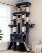 Hey-brother Cat Tree Tower, 71.5 Inches Scratching Posts with Extra Large Platform, 2 Cozy Condos, 2 Hammocks and Scratch Boards, Multi-Level House for Multiple Indoor Cats, Smoky Gray MPJ085G