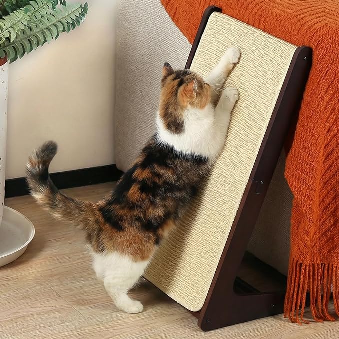 Zakkart L-Shaped Sisal Cat Scratcher, 24.8'' Tall Convertible 70° Vertical Scratching Pad & 20° Ramp Scratcher, Natural Sisal Mat, Solid Wood Frame, Helps Protect Furniture, Easy Assembly (Dark)
