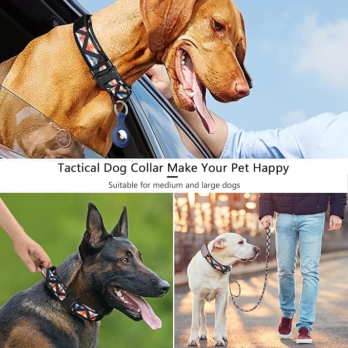DAGANXI Tactical Dog Collar, Adjustable Military Training Nylon Dog Collar with Control Handle and Heavy Metal Buckle for Medium and Large Dogs, with Patches & Airtags Case (L, Colorful Triangle-Set)