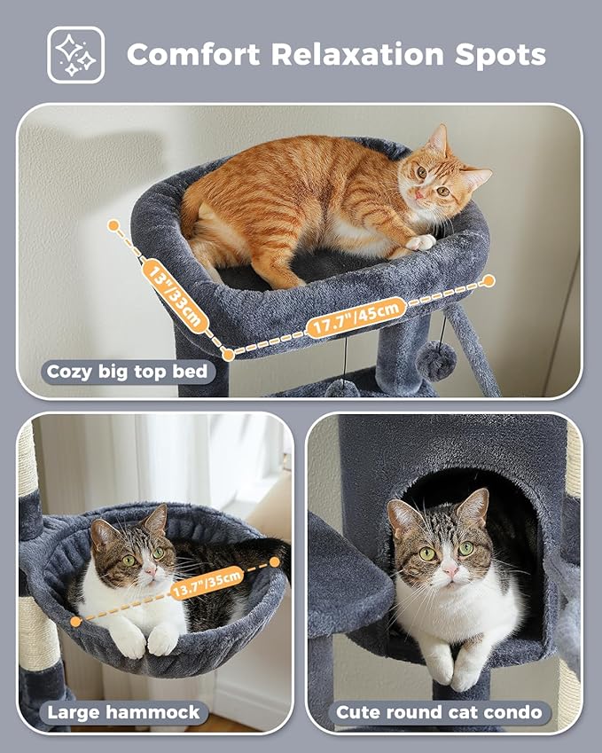 59" Cat Tree, Cat Tower for Large Cats, Multi-Level Cat Tower with 3 Removable Pompom Sticks, Cat Tree for Indoor Cats, Cat Condo with Large Hammock, Scratching Post, and 2 Perches, Dark Gray