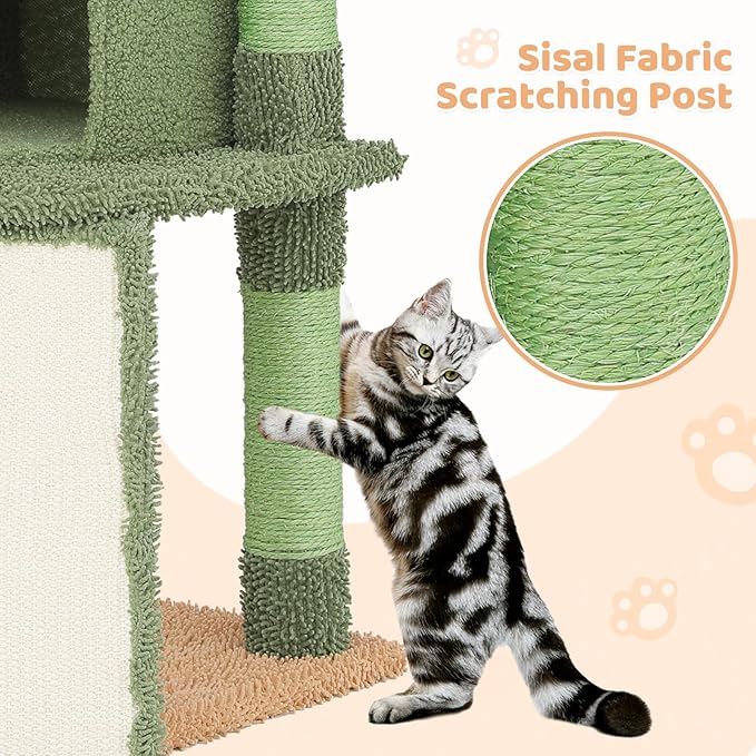 Cat Tree Cactus Design Cat Tower with Scratching Posts, Cat House Condo Perch and Ladder Small Cat Trees for Indoor Cats 42 Inches, Green/Light Brown