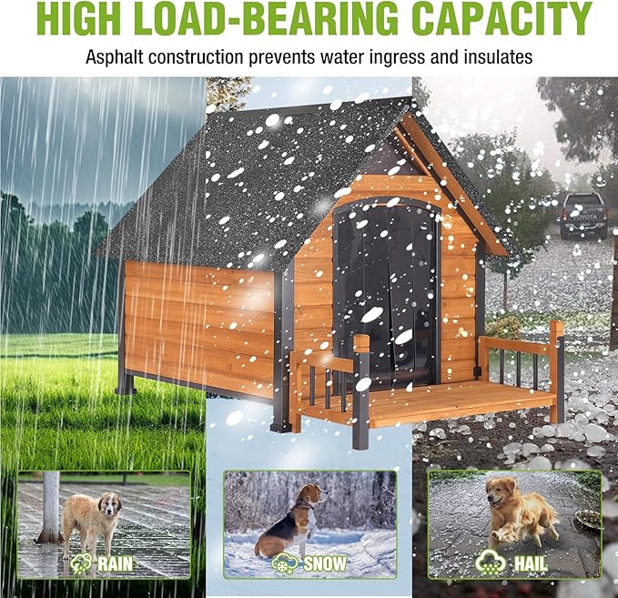 GUTINNEEN Heated Outdoor Dog House Insulated Weatherproof Dog Kennel for Large Breed with All-Around Metal Frame, Anti-Bite Dog Shelter with Porch (Brown, 50.9'' Large)