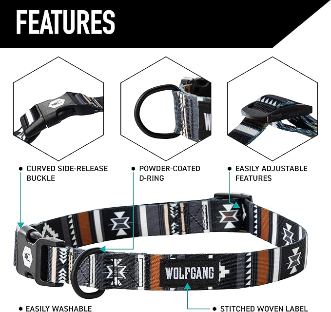 Wolfgang Heavy Duty, Adjustable Dog Collar with Quick Release Nylon Buckle for Walking & Training, NewMoon Print, Medium
