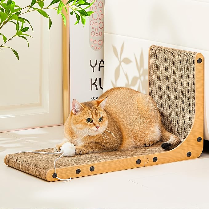 Value 2-Pack 23.6 Inch L-Shaped Cardboard Cat Scratcher, Dual Use (Vert/Horiz) Scratch Pad with Toy Balls, Wall-Mountable Furniture Protector Cat Scratchers for Indoor Cats
