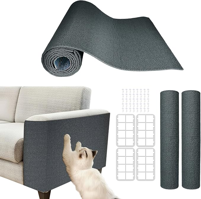 Cat Scratch Mat for Couch, Wall & Cat Tree - 78.7" Trimmable Self-Adhesive Cat Scratcher, Cat Scratch Furniture Protector, Felt Alternative to Sisal, DIY Cat Tower Replacement, 2 Pack (Dark Gray)