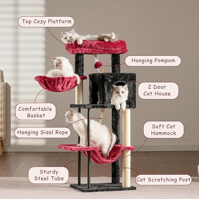 Cat Tree, Cat Tower for Indoor Cats, 43.3 inch Gothic Cat Tree Tower with Sturdy Steel Tube, Hammock, Cat Condo for Small Cats and Kittens, Scratching Post, Black and red GCT004SBR
