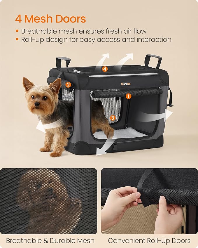 Feandrea Collapsible Dog Crate, 20-Inch Portable Dog Travel Crate for Small Dogs, Oxford Fabric Pet Carrier with 4 Mesh Doors, Handles, Storage Pocket, Water Bottle Holder, Ink Black UPDC015BH02