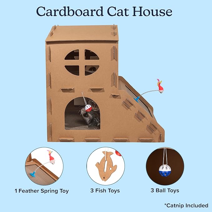 Cat House - Cardboard Cat House with Scratching Pads, Toys, and Catnip - Multi-Level Cat Houses for Indoor Cats, Kittens and Small Animals by PETMAKER