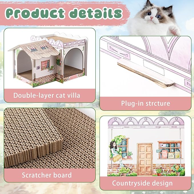 2 Story Cardboard Cat House with Scratcher Pad for Small Kitten,17x12x10 Multi Level Durable Cat Condo & Villa for Bunny Rabbit Small Animals Christmas Birthday Gift(17x12x10,Cottage)