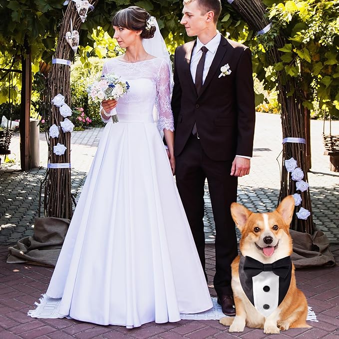 Dog Tuxedo Bandana Collar with Bow Tie, Adjustable Formal Suit Costume for Small Medium Large Dogs, Wedding Engagement Birthday Pet Outfit (Small)