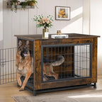 JY QAQA Dog Crate Furniture, Wooden Dog Crate Table, Dog's Furniture with Double-Doors, Indoor Dog Kennel, Dog Cage/Brown/XL