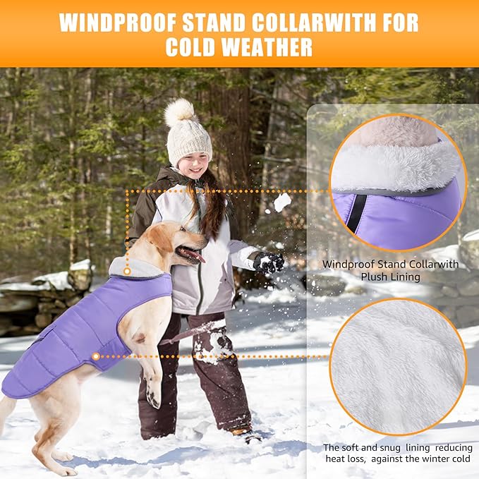iBuddy Dog Winter Coat for X-Large Dogs, Easy on Dog Snow Fleece Coat Velcro Waterproof Pet Puffer Jacket with Harness Hole Adjustable Reflective Quilted Pet Cold Weather Vest for Girl Female