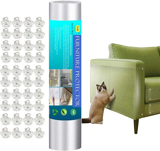 Anti Cat Scratch Furniture Protector, 190" x 12" cat Scratch Deterrent for Furniture,Self Adhesive Anti Pet Deterrent Sofa Cover Clear PET Protective Film with 40 Twist Pins
