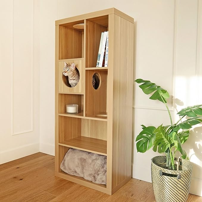 4 Cats & Dogs Cliff Jr. Cat Tree Bookshelf – Stylish Multi-Level Cat Climbing & Hiding Shelf, Space-Saving Bookshelf with 7 Levels, Wall-Mounted Secure Cat Furniture, Oak (58.5" x 23.75" x 15.5")