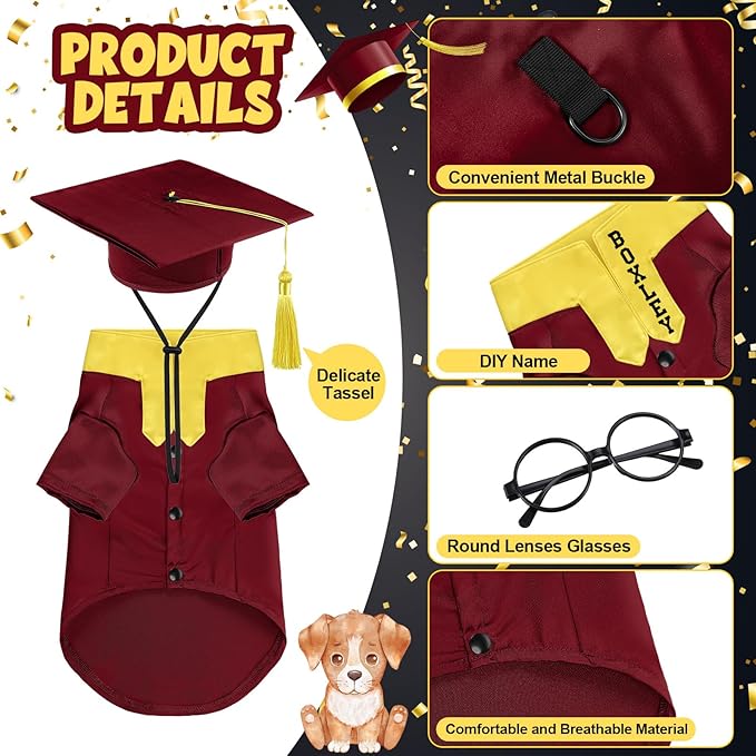 5 Pcs Dog Graduation Costume Set Include 2026 Pet Graduation Gown with Stole Puppy Grad Cap Lensless Glasses DIY Letter Stickers for Dogs Cats Holiday Costume Accessory(Maroon Yellow,M)