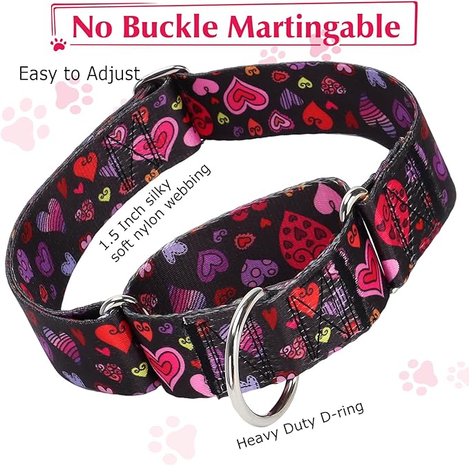Valentine's Day 1.5 inch Wide Martingale Dog Collar, Cute Loving Heart Collar for Medium Large Extra Large Dogs -Heart XL