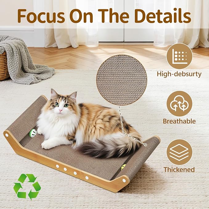 Modern Cat Scratcher Pad Cardboard for Indoor, 23.8" Scratching Lounger Board with Ball Track for Kittens & Large Cats, 3 in 1 Floor Horizontal Bed for Furniture Protection